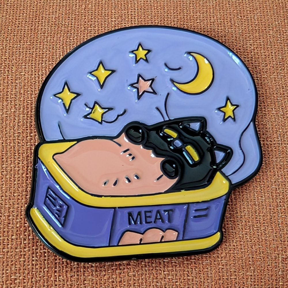 Cute Cat in Meat Can Enamel Pin - Lavender and Yellow